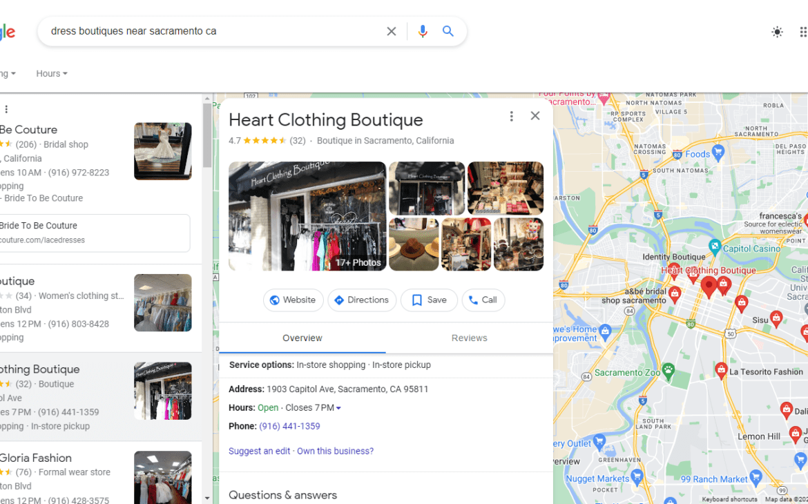 Screenshot of boutiques near Sacramento, CA.